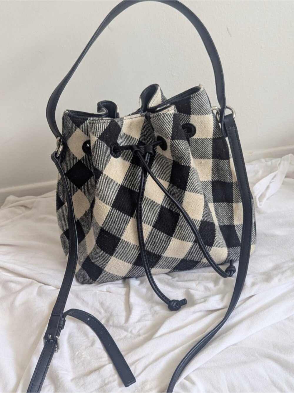Talbots Buffalo Check Bucket Bag Drawstring Crossbody Black White Plaid